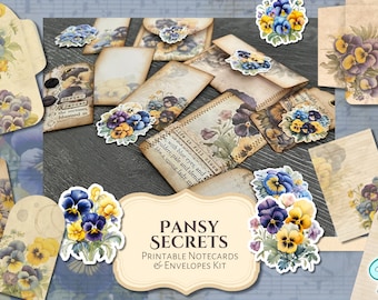 Pansy Secrets Notecards & Envelopes | Printable | vintage | ephemera | tutorial video | Journal DIY | Shabby Chic | Junk Journal Kit