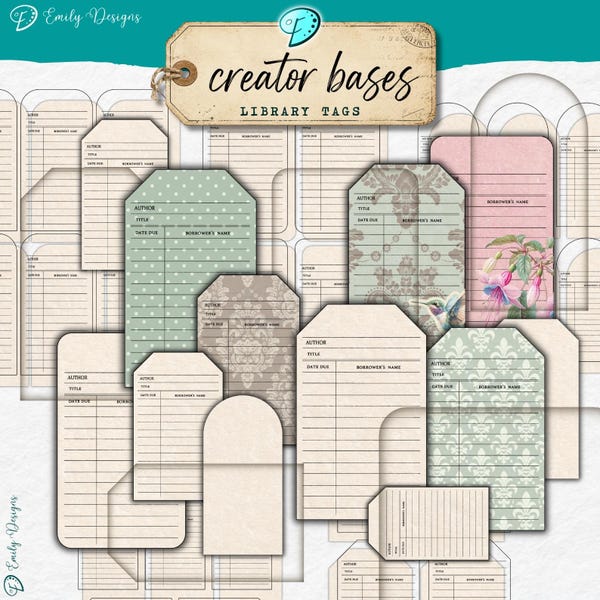 Creator Bases Library Tags | overlay | distressed | junk journal | scrapbook | ephemera | vintage | distress | PNG | blank | tag