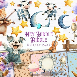 Hey Diddle Diddle Clipart | ephemera | vintage | scrapbook | journal | printable | Nursery | Newborn | Card Making | Pattern | Baby Shower