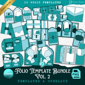 Może przedstawiać: Kolekcja szablonów folio w kolorze turkusowym i białym o różnych wzorach. Obraz zawiera tekst "10 Folio Templates", "Folio Template Bundle Vol. 2" i "Templates & Overlays". Baner "Bundle Offer" znajduje się w lewym górnym rogu. Plik PNG.