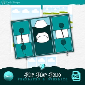 Könnte beinhalten: Eine teal Flip-Flap-Folio-Vorlage mit weißem Innenraum und schwarzen Schnurdetails. Das Design enthält ein Canva-Logo und den Text "Flip Flap Folio Templates & Overlays" mit einem PNG-Dateisymbol.