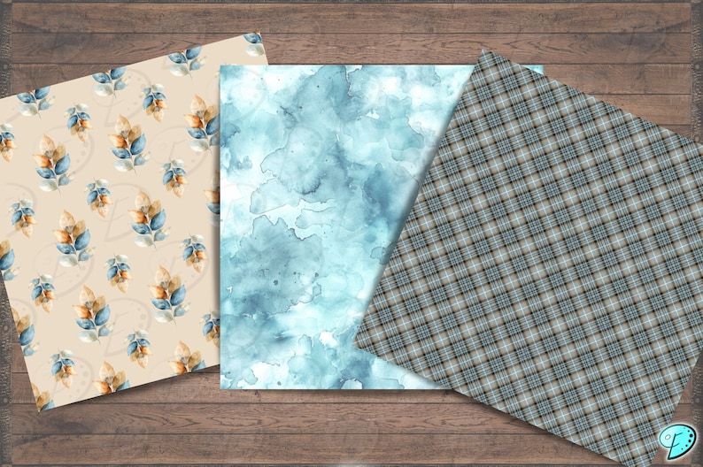 Op de afbeelding: Drie digitale papierontwerpen met een blauw-bruin ruitpatroon, een aquarelblauwe achtergrond en een beige achtergrond met een herhalend patroon van blauwe en bruine bladeren.