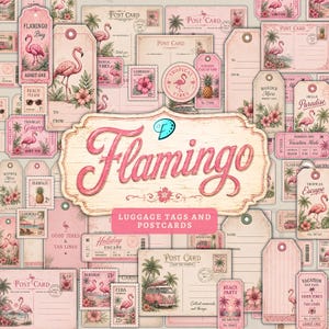 May include: A collection of vintage-style paper ephemera featuring pink flamingos, tropical flowers, palm trees, and retro camper vans. The set includes luggage tags, postcards, and postage stamps with the text Flamingo, Luggage Tags and Postcards.