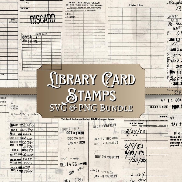 Library Card Stamps SVG PNG bundle | digital | overlay | distressed | junk journal | scrapbook | ephemera | vintage | ink | script | writing