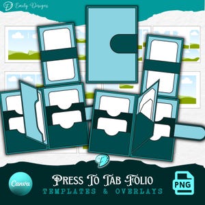 May include: A digital design featuring a light blue folio with a dark teal accent. The folio has a tab closure and pockets for cards. The image also includes the text "Press to Tab Folio Templates & Overlays" and a PNG icon.