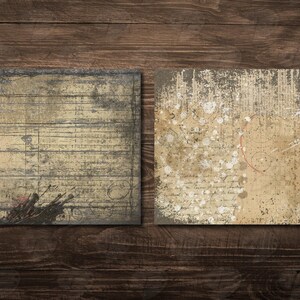 May include: Two square, textured paper backgrounds with a vintage aesthetic. One features horizontal lines and dark accents, the other has splatters and script. Both are in shades of beige, brown, and gray.