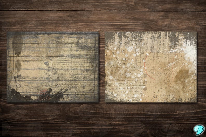 May include: Two square, textured paper backgrounds with a vintage aesthetic. One features horizontal lines and dark accents, the other has splatters and script. Both are in shades of beige, brown, and gray.