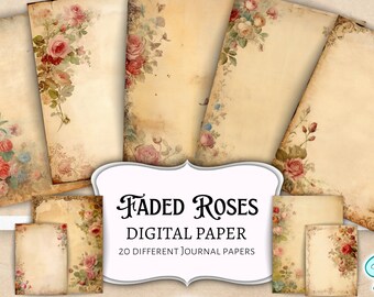 May include: A set of 20 digital papers featuring faded roses and vintage-style backgrounds. The papers are perfect for scrapbooking, card making, and other crafting projects.