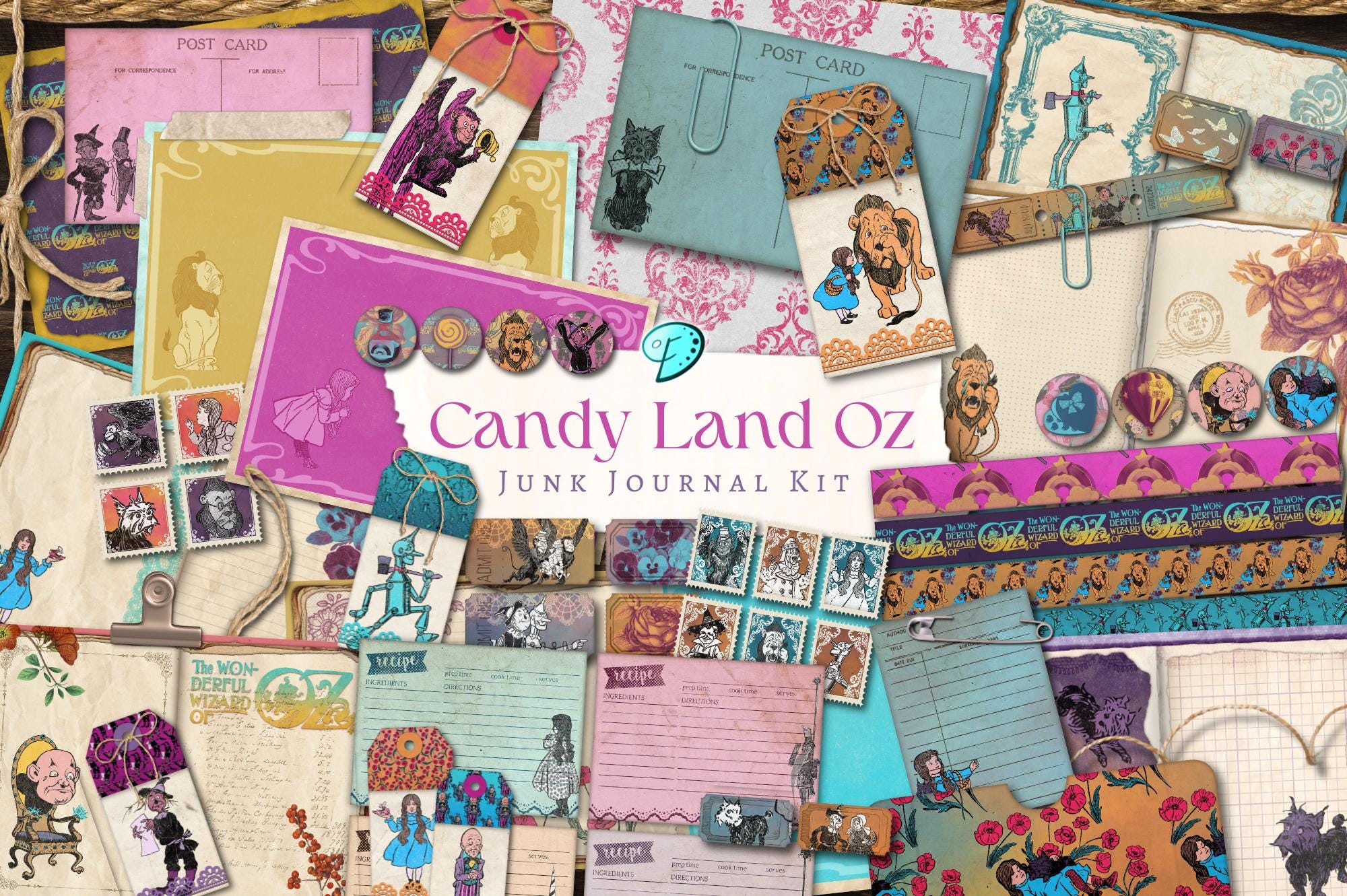 Candy Land Oz Junk Journal Kit | ephemera | pockets | vintage | scrapbook | digital paper | tags | printable | wizard | washi tape | recipe