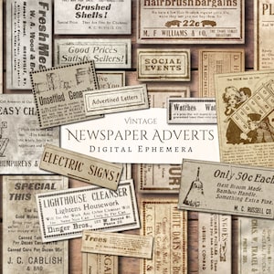 Vintage Zeitungsanzeigen Printable Ephemera | Antik | Gealtert | Junk Journal | Sammelalbum | Kartengestaltung | Cricut | Altes Papier | Werbung