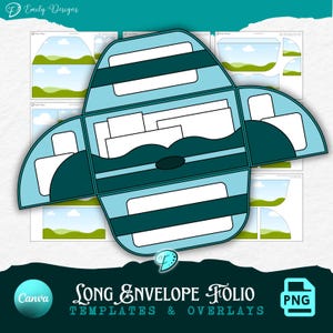 May include: A digital template for a long envelope folio, featuring a light blue and teal design with white inserts. The design includes the text "Long Envelope Folio TEMPLATES & OVERLAYS" and the Canva and PNG logos.