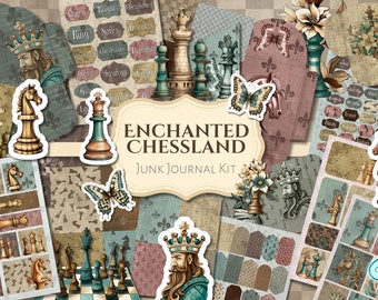 Enchanted Chessland Junk Journal Kit | Printable | vintage | ephemera | chess | floral | shabby chic | king | queen | butterfly | flower