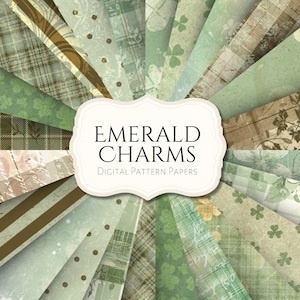 Könnte beinhalten: Eine Sammlung von 12 digitalen Papiermustern in Grün- und Brauntönen. Die Muster umfassen Karos, Streifen, Punkte und florale Designs. Die Papiere sind mit "Emerald Charms Digital Pattern Papers" beschriftet.