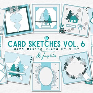 Puede incluir: Bocetos de tarjetas, volumen 6, planes y plantillas para hacer tarjetas. La imagen muestra varios diseños de tarjetas en tonos blanco y verde azulado, con motivos de copos de nieve y árboles de Navidad. Cada tarjeta mide 15,24 cm x 15,24 cm.