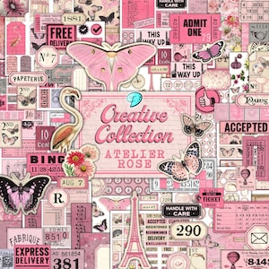 May include: A collage of pink and cream-colored ephemera, including butterflies, tickets, and floral elements. The central design features the text "Creative Collection Atelier Rose" in a decorative font. Other elements include a flamingo illustration and a miniature Eiffel Tower.