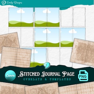 Stitched Journal Page Overlays und Vorlagen | Hintergrund | Junk Journal | Sammelalbum | PNG | Keilrahmen | Jahrgang | Ausdruckbar | nähen