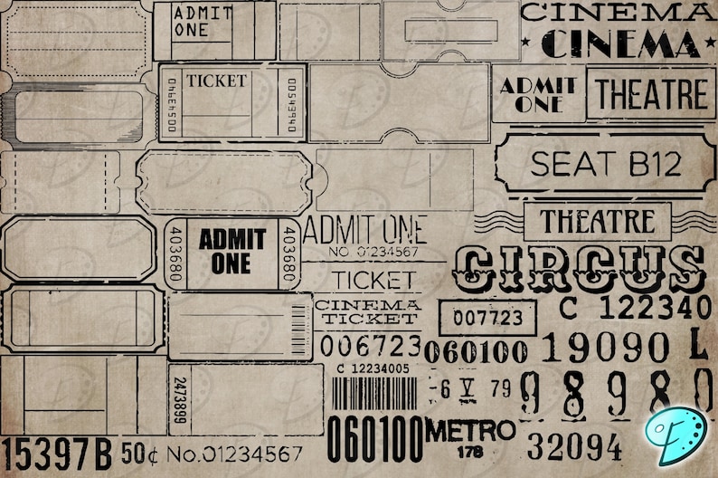 Vintage Ticket Digital Stamps SVG & PNG overlay distressed junk journal scrapbook ephemera vintage print cinema theatre image 2