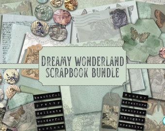 Dreamy wonderland scrapbook pack, printable, scrapbooking, instant download, ephemera, diary, digital, Alice, mad hatter, junk journal