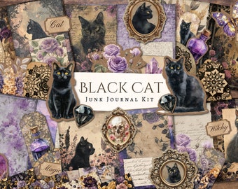 Black Cat Junk Journal Kit / diario basura / álbum de recortes / digital / JPEG / gótico / espeluznante / octubre / vintage / gótico / gótico / imprimible