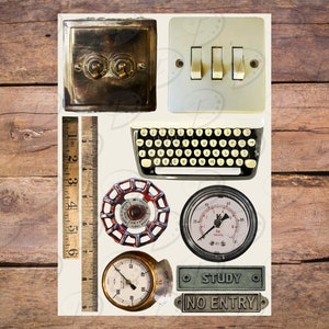 K&ouml;nnte beinhalten: Eine Sammlung von Objekten im Vintage-Stil, darunter ein Lineal, eine Schreibmaschine, ein Lichtschalter, eine Leuchte, ein Messger&auml;t, ein Ventil, eine Uhr und zwei Schilder mit der Aufschrift "STUDY" und "NO ENTRY".