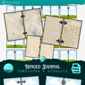 Peut inclure: Modèles et superpositions de journaux à charnières. L'image présente des pages de journal avec des textures de papier vieilli, des charnières ornées et du texte manuscrit. Le fond comprend un motif de fenêtre avec des ciels bleus et des nuages.
