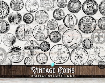 Paquete de sellos digitales de monedas vintage / digitales / superpuestos / desgastados / diario basura / álbum de recortes / efímeras / vintage / dinero / antigüedades / monedas