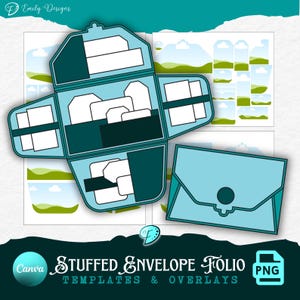May include: A light blue and teal digital template for a stuffed envelope folio. The template is open, showing the interior design, and a closed envelope is also visible. The image includes the text "Stuffed Envelope Folio Templates & Overlays" and the Canva and PNG logos.