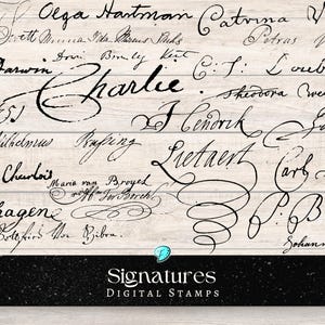 Sellos digitales Vintage Signatures / digitales / superpuestos / desgastados / diario basura / álbum de recortes / efímeros / vintage / PNG / tinta / fuente / escritura