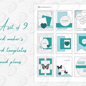 May include: A set of 9 card maker's card templates and plans. The templates feature a variety of layouts with different shapes and sizes. The templates are designed to be used with a variety of card making supplies.