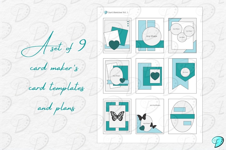 May include: A set of 9 card maker's card templates and plans. The templates feature a variety of layouts with different shapes and sizes. The templates are designed to be used with a variety of card making supplies.