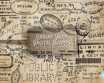 May include: A collection of vintage library book stamps in black and white with text such as "Library Book Digital Stamps", "Rare Folio", "Public Library", "Withdraw", "Received", and "Apr 0 4 1994".