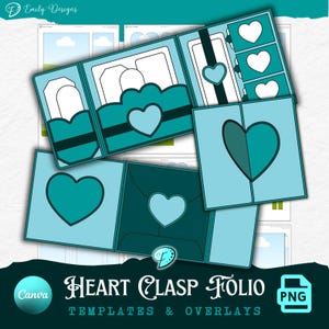 Puede incluir: Un diseño digital con plantillas y superposiciones de folio con cierre en forma de corazón. Las plantillas son en tonos turquesa y azul claro, con detalles de corazón. El diseño incluye el texto "Heart Clasp Folio" y "Templates & Overlays".
