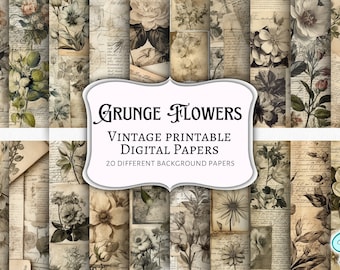 Grunge Flowers Vintage Printable Digital Papers: Scrapbook Paper, Printable Paper, Shabby Papers, Vintage Paper, Vintage Background