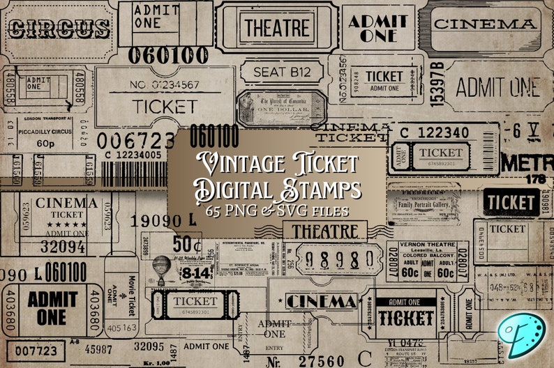 Vintage Ticket Digital Stamps SVG & PNG overlay distressed junk journal scrapbook ephemera vintage print cinema theatre image 1