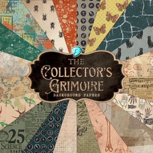 Può includere: Una collezione di carte da sfondo decorate con una varietà di disegni. Le carte presentano insetti, farfalle, gatti, numeri ed effimeri vintage. L'etichetta centrale recita "The Collector's Grimoire Background Papers."