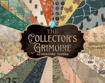 May include: A collection of patterned background papers with a variety of designs. The papers feature insects, butterflies, cats, numbers, and vintage ephemera. The central label reads "The Collector's Grimoire Background Papers."