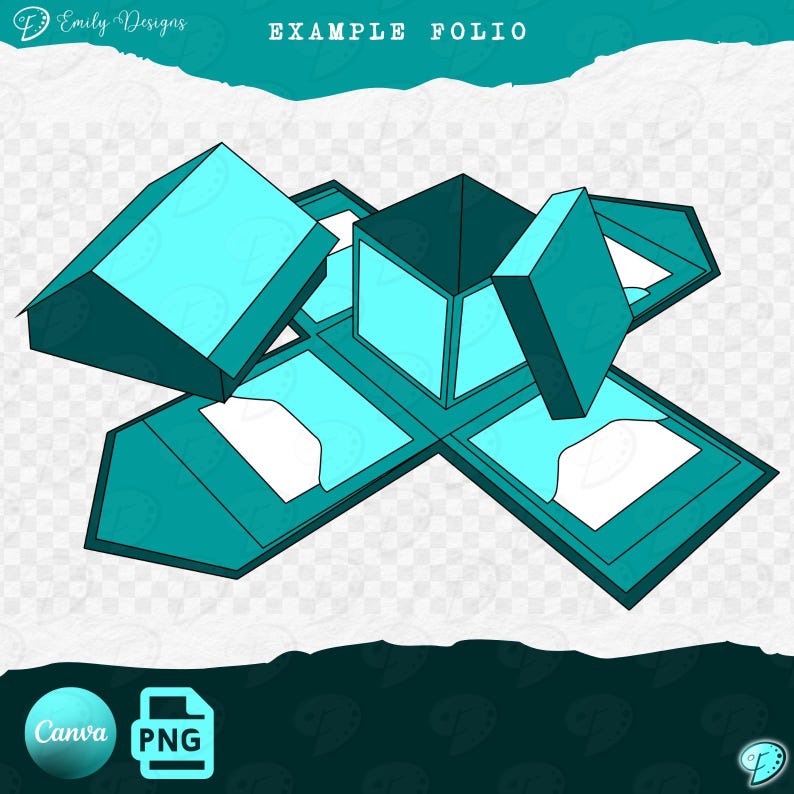 Może przedstawiać: Cyfrowy szablon w kolorze turkusowym i jasnoniebieskim przedstawiający rozłożone pudełko z centralną kwadratową podstawą, czterema składanymi panelami bocznymi i oddzielną pokrywką. Projekt ma płaski, graficzny styl z wyraźnymi liniami.