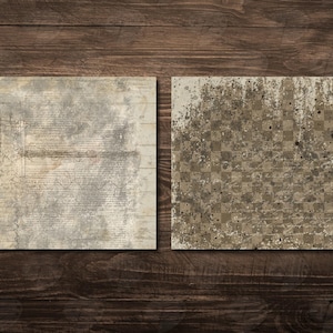 May include: Two rectangular digital papers with a distressed, vintage aesthetic. One features faded text and lines, the other a checkered pattern with paint splatters. Both have a muted color palette of beige, gray, and brown.