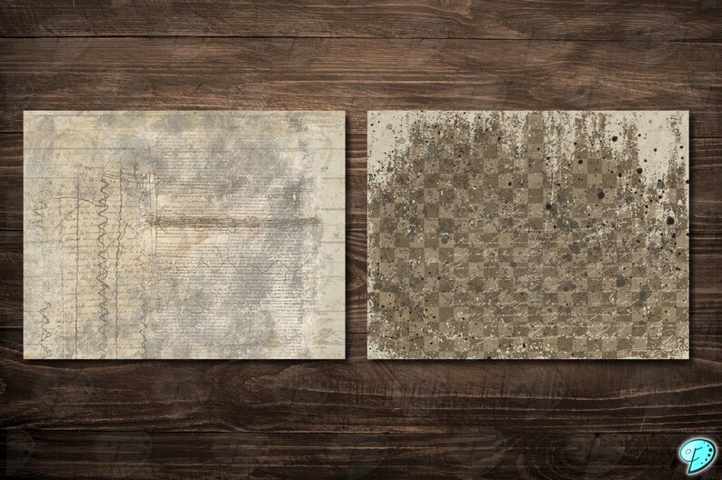 May include: Two rectangular digital papers with a distressed, vintage aesthetic. One features faded text and lines, the other a checkered pattern with paint splatters. Both have a muted color palette of beige, gray, and brown.