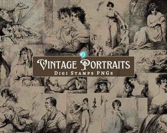 Vintage portretten digipostzegels | digitaal | overlay | verdrietig | junkjournaal | plakboek | kortstondig | vintage | inkt | Gotisch | Stempel