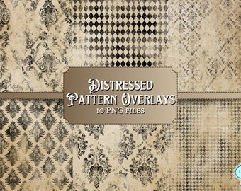 Distressed Pattern Overlays | digital | damask | distressed | junk journal | scrapbook | ephemera | vintage | grunge | PNG | transparent