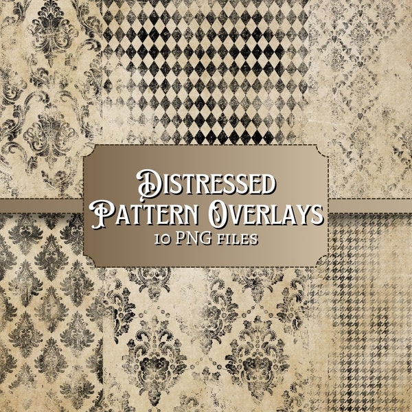 Distressed Pattern Overlays | digital | damask | distressed | junk journal | scrapbook | ephemera | vintage | grunge | PNG | transparent