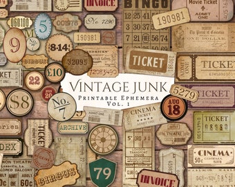 Vintage Junk Ephemera Printables Vol. 1 | Antique | Aged | Printable | Junk Journal | Scrapbook | Card Making | labels | tickets | cinema