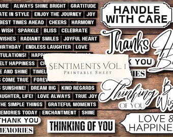 Sentiments Vol. 1 Printable Sheet | scrapbook | card making | vintage | ephemera | printable | Junk Journal | Cricut | PNG | Greetings cards
