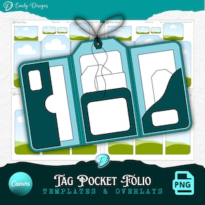 May include: A teal and light blue tag pocket folio template with a black string. The template includes various tag designs and a pocket. The text "Tag Pocket Folio Templates & Overlays" is displayed.