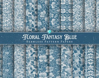 May include: A set of 10 digital paper patterns featuring blue and white floral designs. The patterns are seamless and can be used for a variety of crafting projects. The text "Floral Fantasy Blue Seamless Pattern Papers" is displayed at the top of the image.