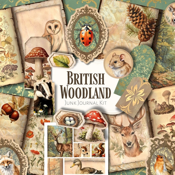 Britisches Woodland Junk Journal Kit | Ephemera | antik | Jahrgang | Sammelalbum | digitales Papier | Journal Seite | Ausdruckbar | Wald | botanisch