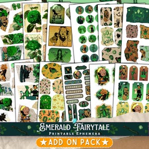 May include: A digital printable pack of images featuring characters and scenes from the Wizard of Oz. The images are in a vintage style with green, brown, and gold colours. The pack includes images of the Wicked Witch, the Tin Man, the Cowardly Lion, Dorothy, and the Emerald City. The text "Emerald Fairytale Printable Ephemera Add On Pack" is at the bottom of the image.