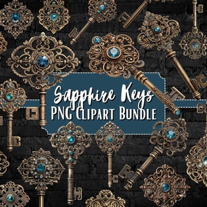 Sapphire Keys vintage clipart, ornate, old, bundle, png files, transparent, instant download, digital download