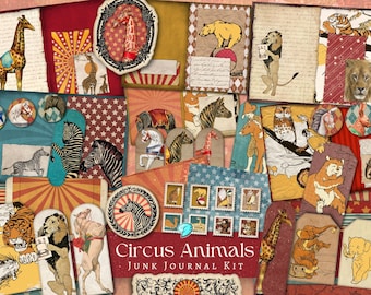 Circus Animals Junk Journal Kit | vintage | ephemera | tags | envelope | digital paper | scrapbook | printable | Carnival | Lion | elephant